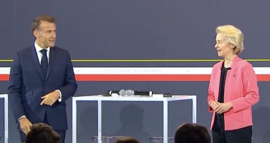 French President Emmanuel Macron and EU Commission President Ursula von der Leyen in Sorbonne University, Paris, May 5, 2025